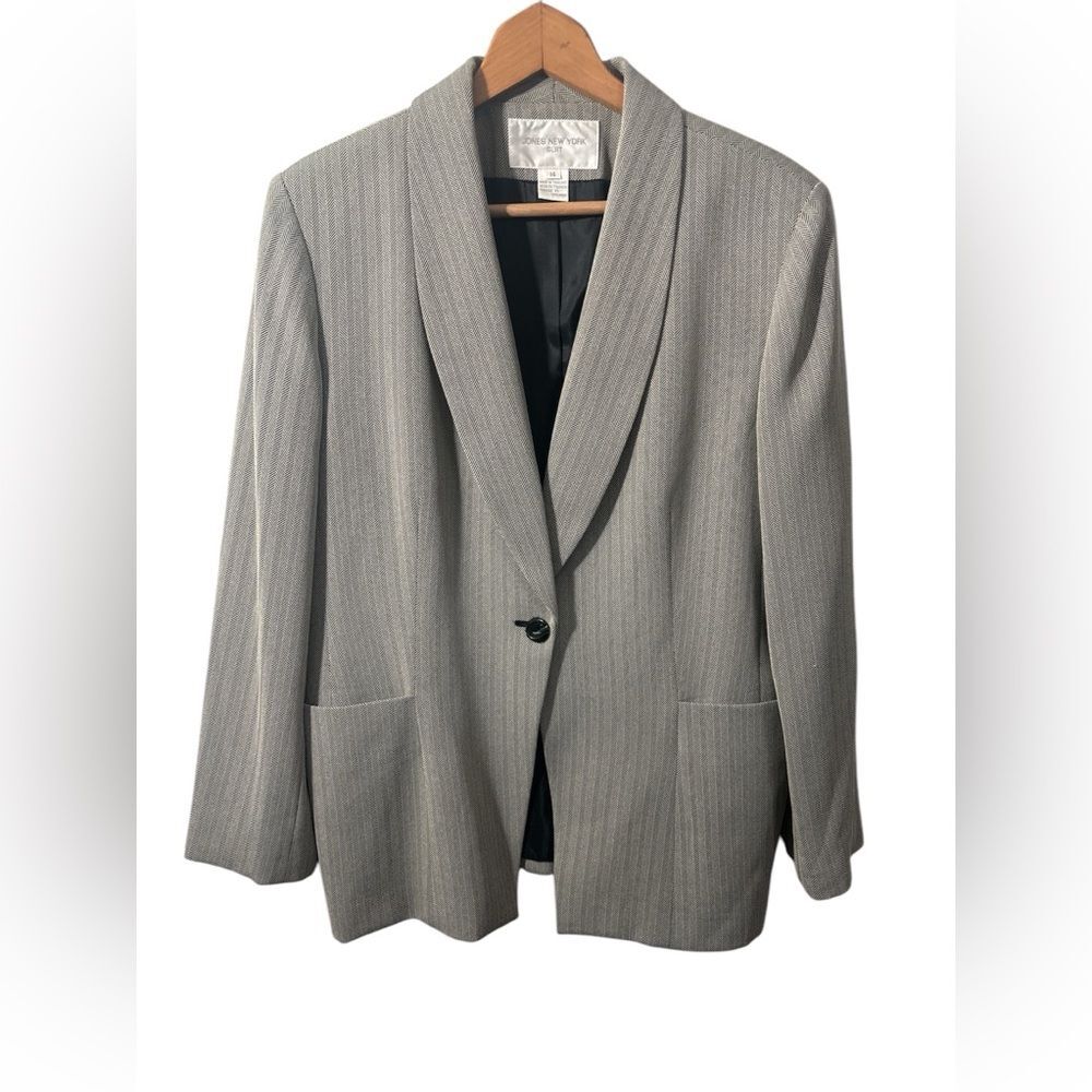 Jones New York Blazer Suit Jacket Size 14 Grey Black herringbone tweed Lined